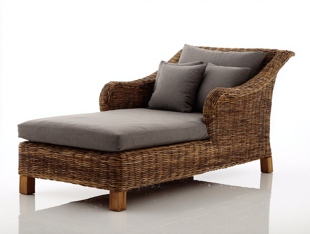 Sonnenliege aus Polyrattan und Holz 175x82x82 cm - naturbraun-grau - klassischer Stil für Garten und Terrasse