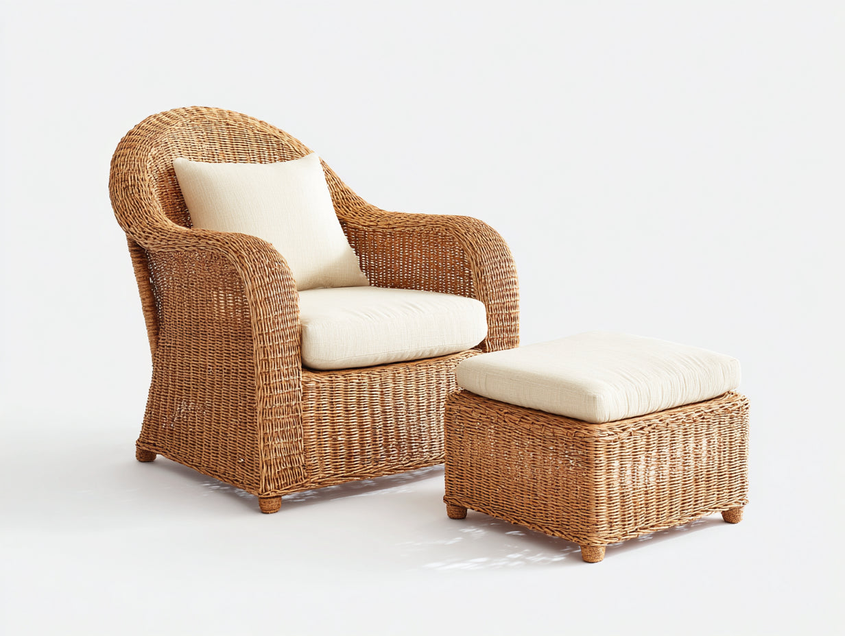Polyrattan Gartensessel mit Hocker 85x80x95 cm - braun-beige - natürlicher Outdoor-Stil