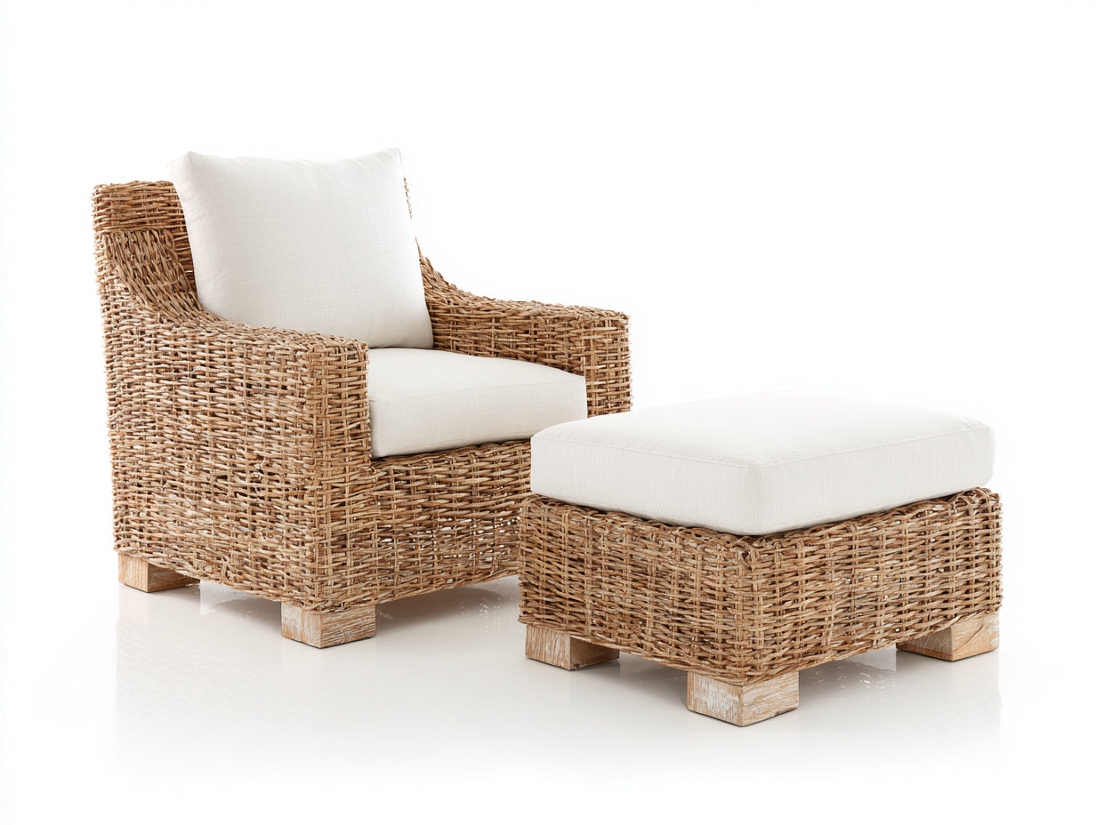 Polyrattan Gartensessel mit Hocker 82x78x88 cm - braun-beige - natürlicher Outdoor-Stil