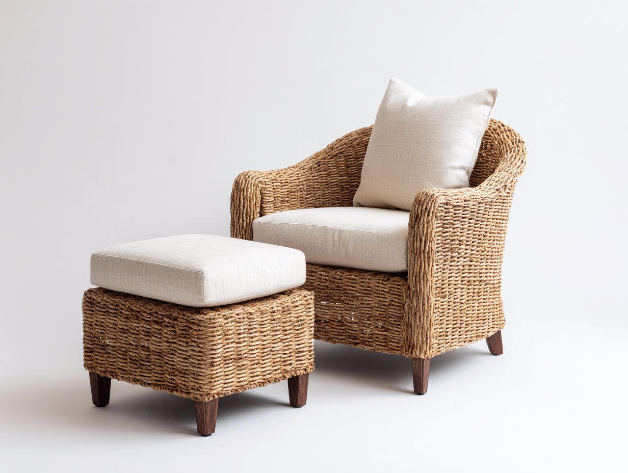 Polyrattan Gartensessel mit Fußhocker 78x75x85 cm - naturbraun-beige - klassischer Stil für Garten und Terrasse