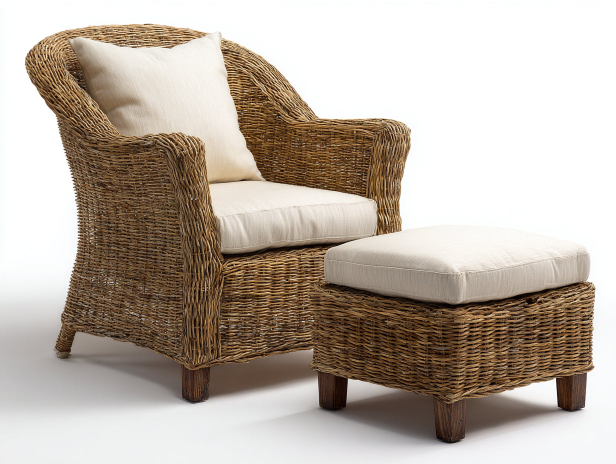 Polyrattan Gartensessel 78x82x92 cm - Naturbraun-Beige - mit Fußhocker für Garten und Terrasse