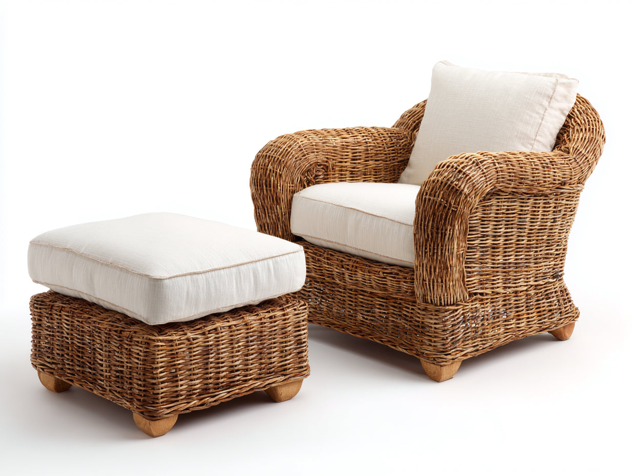 Polyrattan Gartensessel 80x84x90 cm - Naturbraun-Beige - mit Fußhocker für Garten und Terrasse