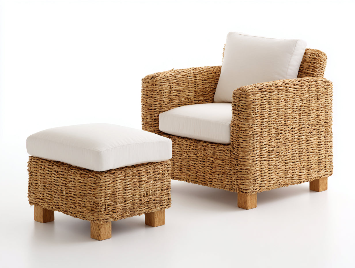 Polyrattan Gartensessel mit Fußhocker 80x78x86 cm - naturbraun-beige - klassischer Stil für Garten und Terrasse